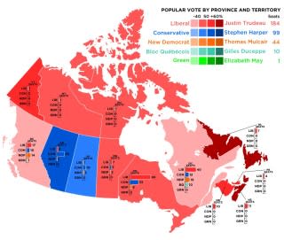 Canadian 2015 Federal Election voting patterns [by Noname2. Licensed under CC BY-SA 2.5 via Commons]