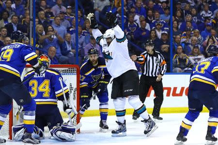 May 23, 2016; St. Louis, MO, USA; San Jose Sharks right wing Joel Ward (42) celebrates after scoring a goal against the St. Louis Blues in game five of the Western Conference Final of the 2016 Stanley Cup Playoffs at Scottrade Center. Mandatory Credit: Billy Hurst-USA TODAY Sports