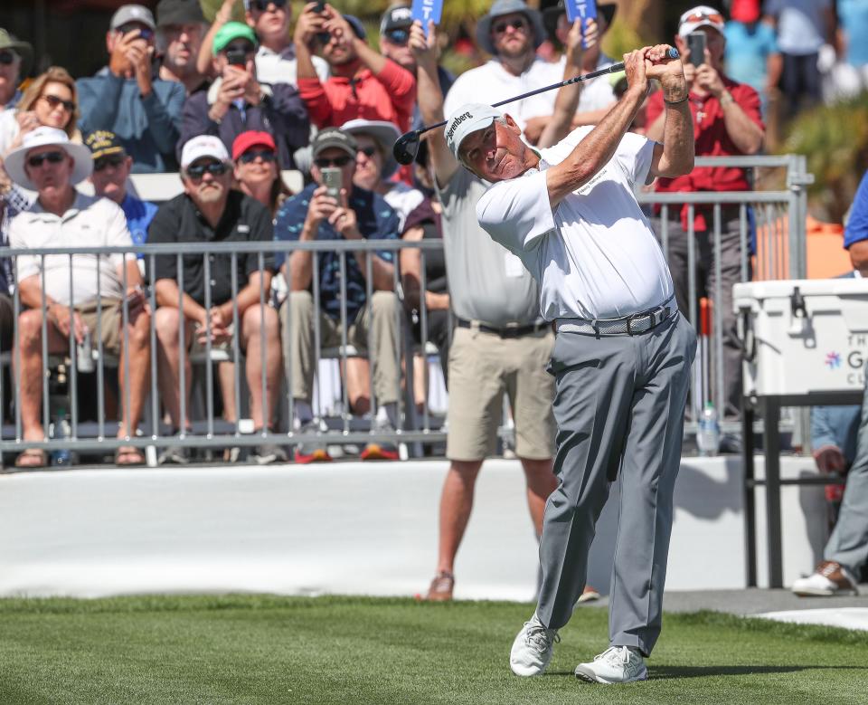 Fred Couples tees off on the 10th hole during the Galleri Classic at Mission Hills Country Club in Rancho Mirage, March 24, 2023. 