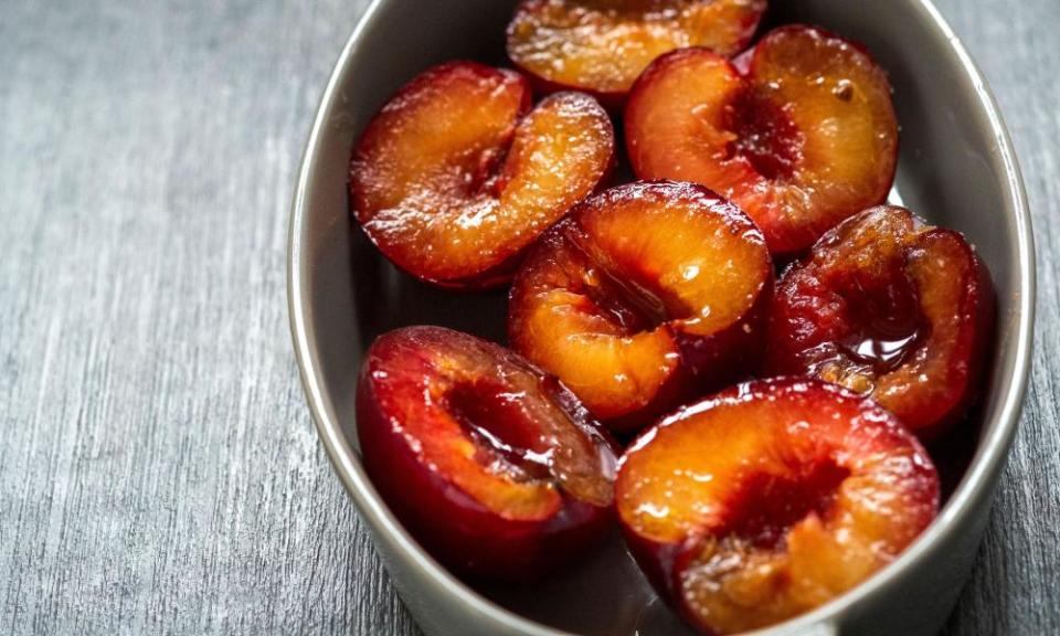 Winter warmers ... plums roasted with sloe gin.