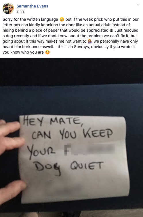 A Facebook post shows a picture of a woman holding a post it note telling her to keep her dog quiet. Source: Facebook