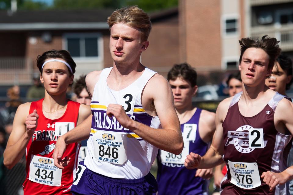 Palisades' Thomas Smigo leads the pack on his way to 2A 1600-meter gold at the PIAA Track and Field Championships at Shippensburg University Friday, May 26, 2023. Smigo won in 4:13.05.