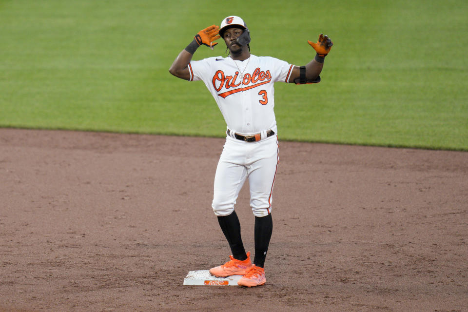 Baltimore Orioles' Jorge Mateo celebrates after hitting a double against the Oakland Athletics during the second inning of a baseball game Wednesday, April 12, 2023, in Baltimore. (AP Photo/Jess Rapfogel)