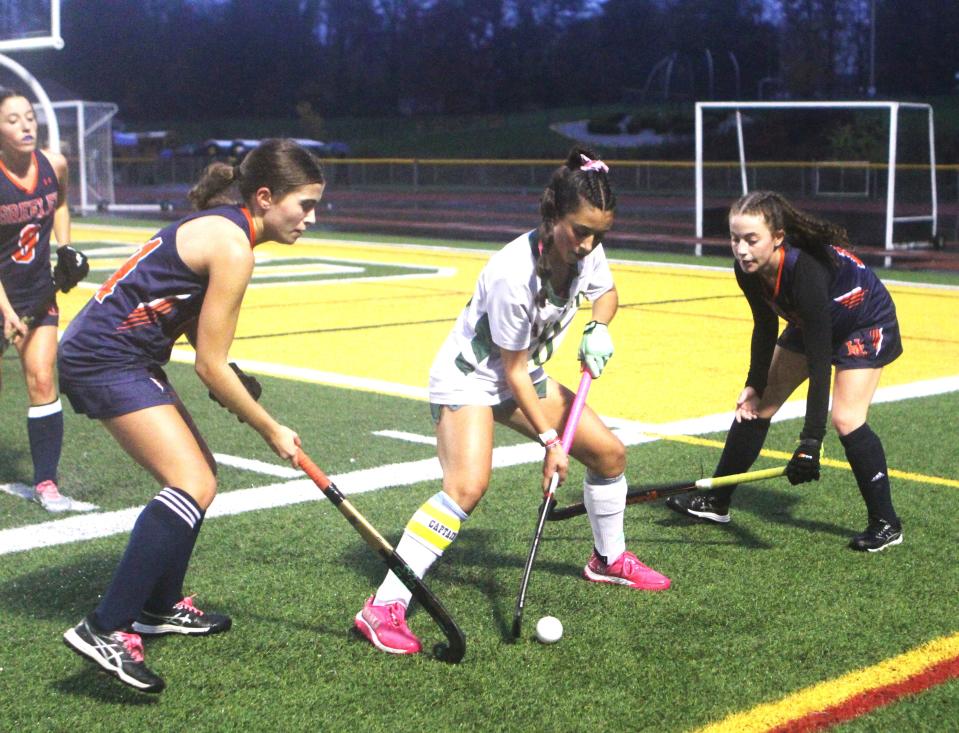 Lakeland's Gabby Santini tries to take time off the clock late in the fourth quarter by holding on to the ball during Lakeland's 1-0 win over Horace Greeley in the Section 1 Class B championship game Oct. 29, 2023 at Lakeland High.