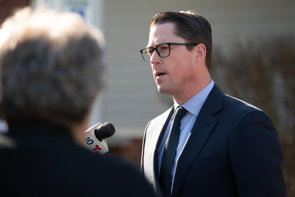 File - Attorney Paul Lang speaks to the media after the preliminary hearing of Ash Cooper outside District Court in Bensalem on Monday, March 6, 2023. Cooper is on trial for criminal homicide, possessing instrument of crime with intention and fabricating physical evidence.