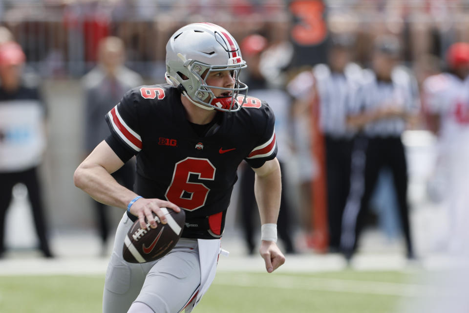 Ohio State quarterback Kyle McCord plays in their NCAA college football Spring game Saturday, April 15, 2023, in Columbus, Ohio. (AP Photo/Jay LaPrete)