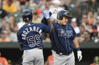 Tampa Bay Rays' Randy Arozarena, left, is congratulated by Ji-Man Choi after hitting a two-run home run against the Baltimore Orioles during the first inning a baseball game Saturday, May 21, 2022, in Baltimore. Choi scored on the play. (AP Photo/Gail Burton)