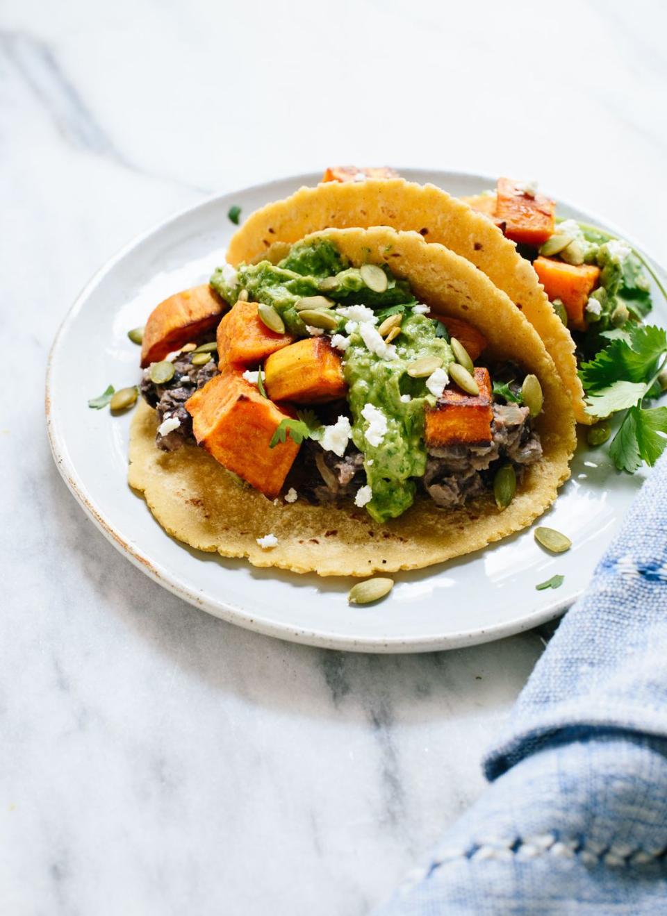 Sweet Potato & Black Bean Tacos With Avocado-Pepita Dip