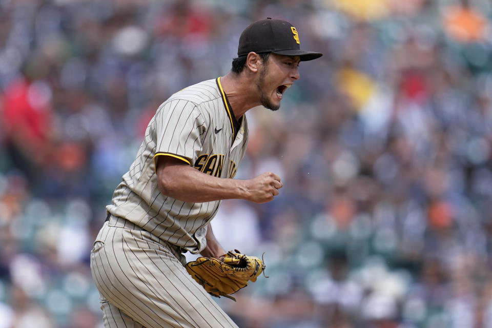 San Diego Padres pitcher Yu Darvish reacts to striking out Detroit Tigers' Riley Greene in the seventh inning of a baseball game in Detroit, Wednesday, July 27, 2022. (AP Photo/Paul Sancya)