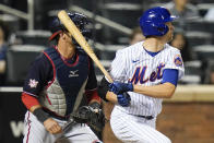 New York Mets' Jacob deGrom watches his RBI double during the fifth inning of the team's baseball game against the Washington Nationals on Friday, April 23, 2021, in New York. (AP Photo/Frank Franklin II)