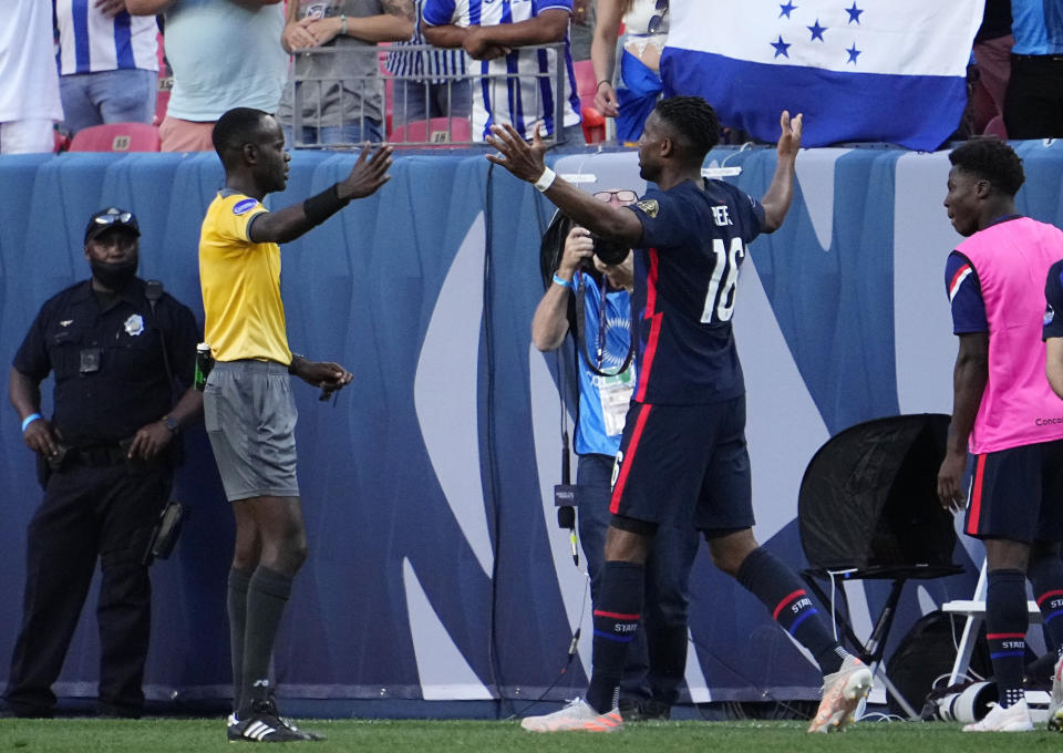 United States' Jordan Siebatcheu (16) celebrates his goal against Honduras during the second half of a CONCACAF Nations League soccer semifinal Thursday, June 3, 2021, in Denver. (AP Photo/Jack Dempsey)