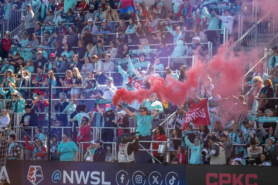 KC Current fans celebrate a goal by forward Bia Zaneratto in the first half during an NWSL game against the Portland Thorns FC at CPKC Stadium on Saturday, March 16, 2024, in Kansas City.