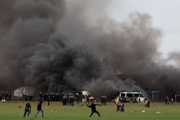 PHOTO: Protesters attend a demonstration called by the collective 'Bassines Non Merci' against the 'basins' on the construction site of new water storage facilities for agricultural irrigation in western France, in Sainte-Soline, France Mar. 25, 2023. (Thibaud Moritz/AFP via Getty Images)