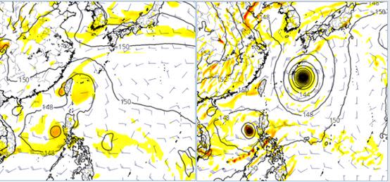 圖：最新(20日20時)歐洲(ECMWF左圖)及美國(GFS右圖)模式，28日20時模擬圖顯示，「西北太平洋」有兩個熱帶擾動活動的跡象，但各模式所模擬的生成時間及位置不斷調整，且差異仍大，需持續觀察。(圖擷自tropical tidbits)