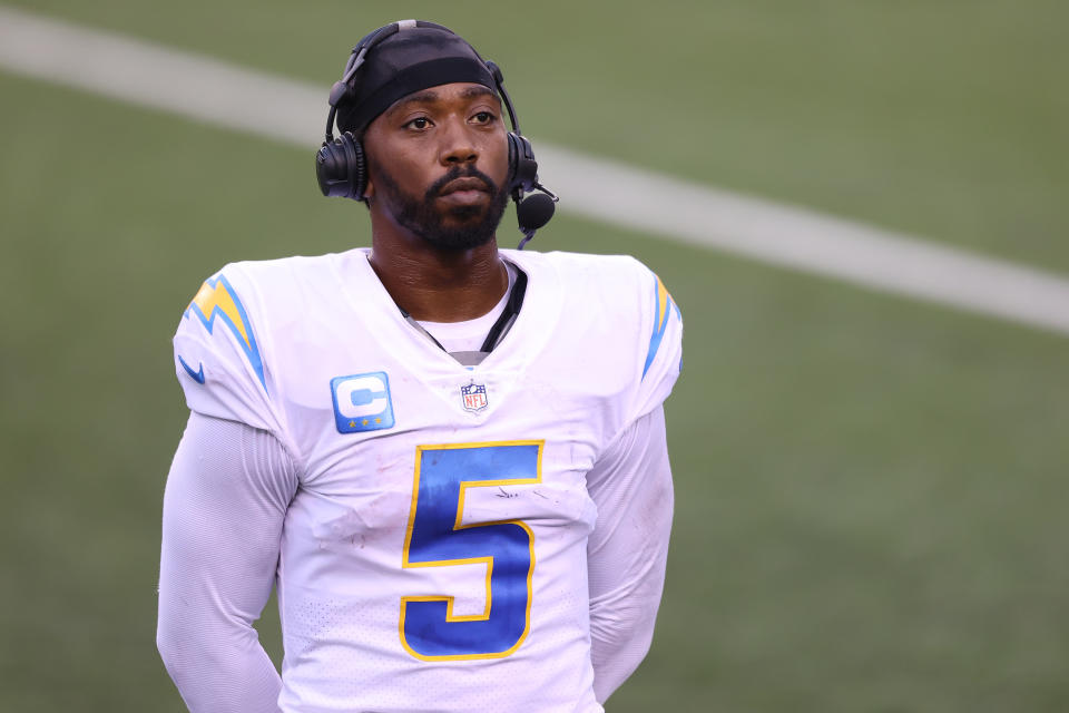 CINCINNATI, OHIO - SEPTEMBER 13: Quarterback Tyrod Taylor #5 of the Los Angeles Chargers looks on after defeating the Cincinnati Bengals during the second half at Paul Brown Stadium on September 13, 2020 in Cincinnati, Ohio. (Photo by Bobby Ellis/Getty Images)