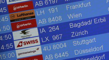 The information board with Iraqi Airways Flight IA264 to Erbil is pictured at Tegel airport in Berlin, Germany, January 27, 2016. REUTERS/Fabrizio Bensch