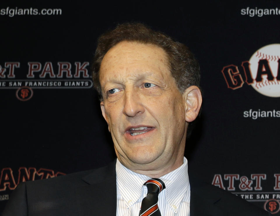 FILE - In this Jan. 19, 2018, file photo, San Francisco Giants President and CEO Larry Baer is shown during a press conference in San Francisco. Baer is taking a leave of absence from the team following the release of a video showing him in a physical altercation with his wife. The Giants board of directors released a statement Monday, March 4, 2019, saying that Baer has been granted a request to take personal time away from the team. (AP Photo/Marcio Jose Sanchez, File)