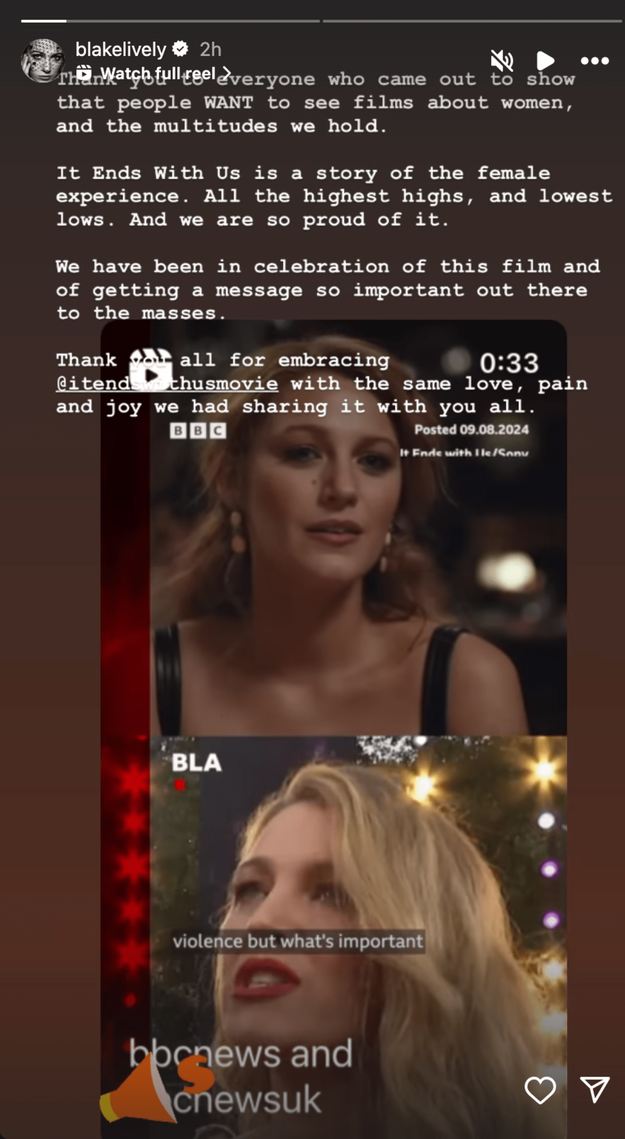 Blake Lively shares statement about being seeing her film, "It Ends With Us." (Instagram story/Blake Lively)