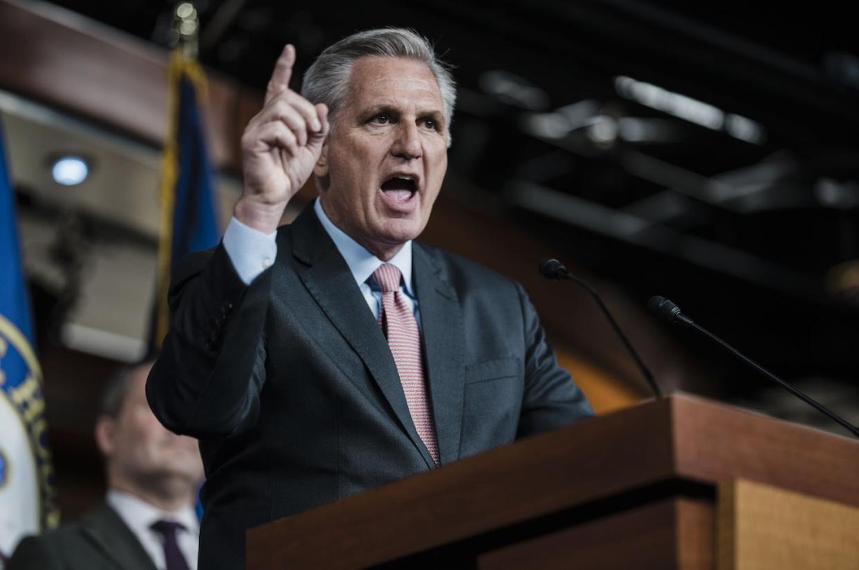 Speaker Kevin McCarthy at a news conference on Capitol Hill. <a href="https://www.gettyimages.com/detail/news-photo/house-minority-leader-kevin-mccarthy-attends-a-house-news-photo/1237859837?phrase=Kevin" rel="nofollow noopener" target="_blank" data-ylk="slk:Kent Nishimura/Los Angeles Times via Getty Images;elm:context_link;itc:0;sec:content-canvas" class="link ">Kent Nishimura/Los Angeles Times via Getty Images</a>