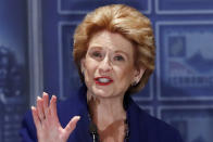 FILE - In this Oct. 15, 2018 file photo, Sen. Debbie Stabenow, D-Mich., addresses the Detroit Economic Club before debating her Republican challenger John James in Detroit. (AP Photo/Carlos Osorio)