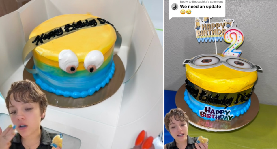 Minion birthday cake before and after