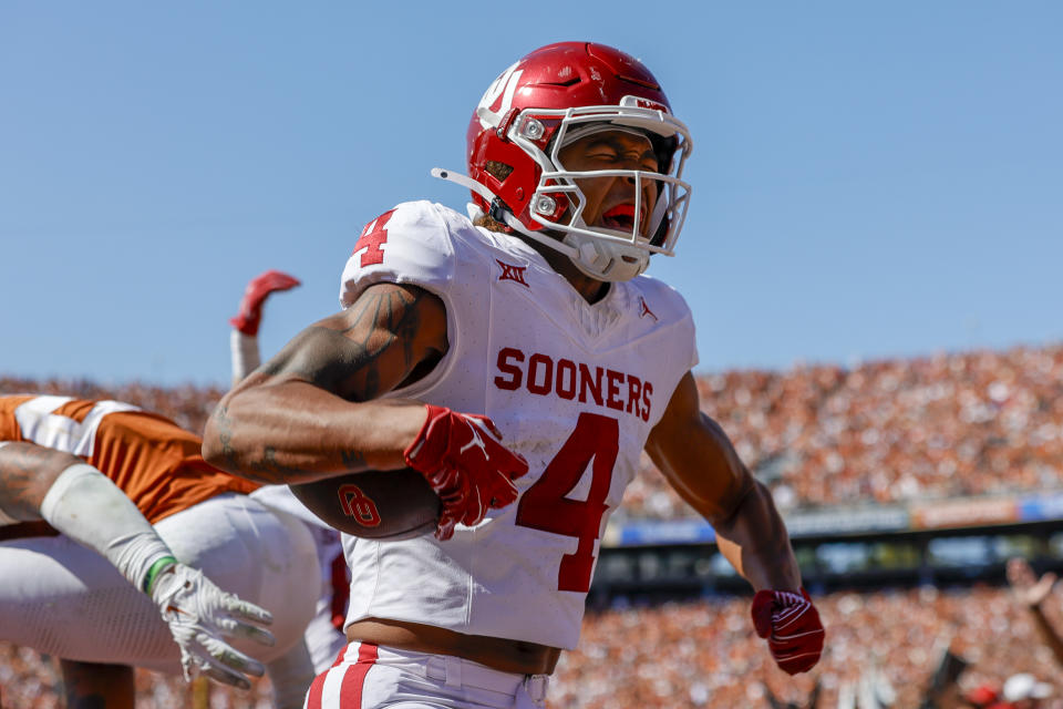 Oklahoma Sooners wide receiver Nic Anderson celebrates after catching the game-winning touchdown against the Texas Longhorns in the Red River Rivalry. (Matthew Pearce/Icon Sportswire via Getty Images)