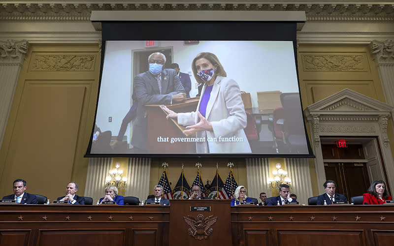 Previously unseen footage of Speaker Nancy Pelosi (D-Calif.) is shown during a House Jan. 6 committee hearing