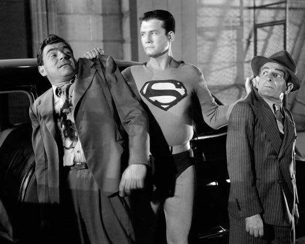 <div class="inline-image__caption"><p>THE ADVENTURES OF SUPERMAN (1951-1957) - unknown actor (left) with George Reeves as "Superman." Hollywood comic, Lou Lubin, is on right.</p></div> <div class="inline-image__credit">ABC Photo Archives/Disney General Entertainment Content via Getty Images</div>