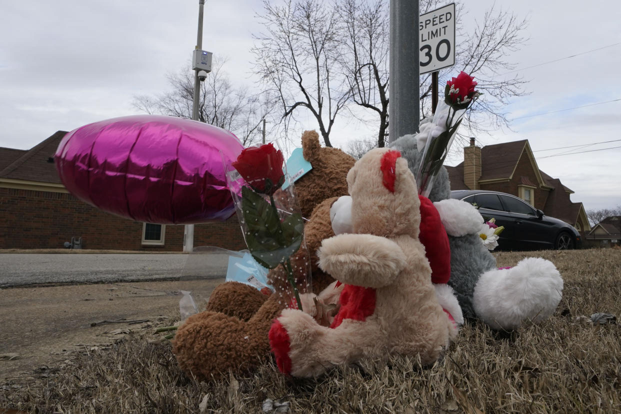 Stuffed animals, flowers and a balloon were placed as a memorial near the camera that documented the fatal beating of Tyre Nichols.