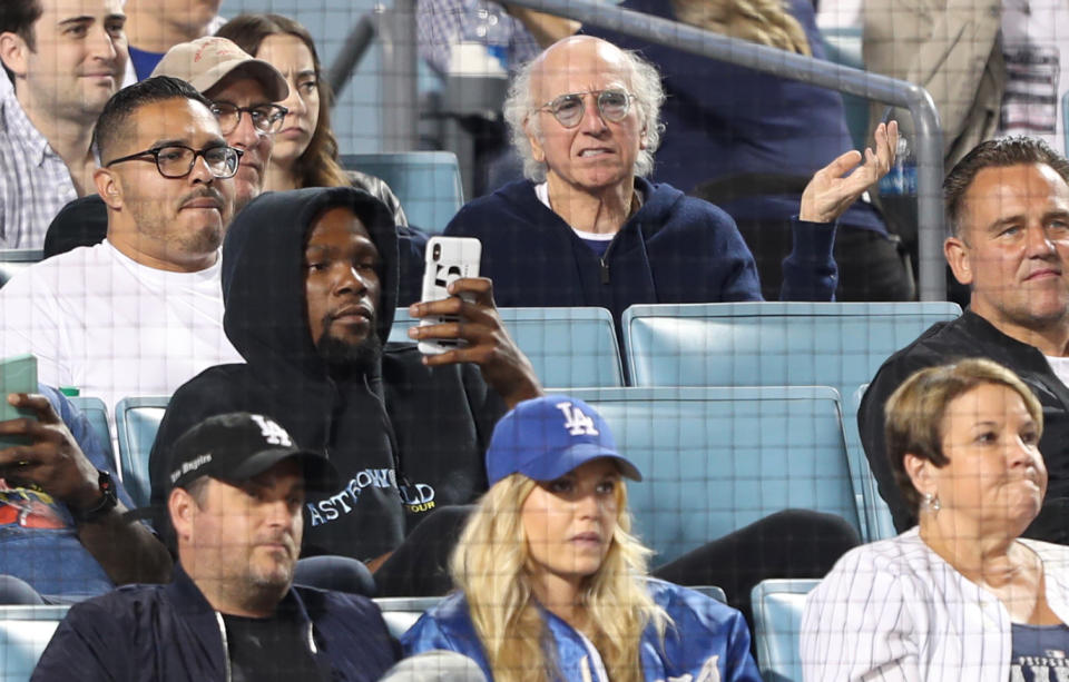 Kevin Durant, still nursing an Achilles injury, took in a Dodgers game this summer. (Getty Images)