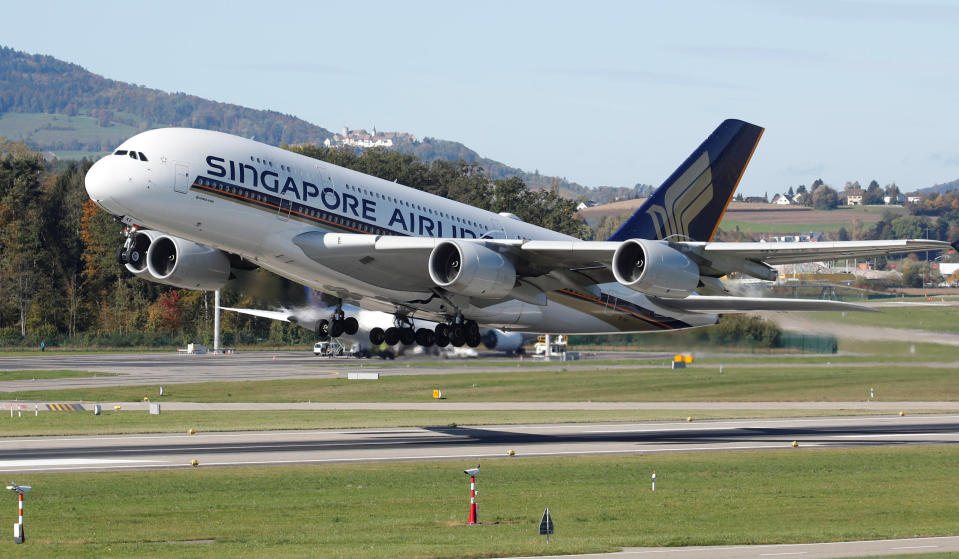 FILE PHOTO: Airbus A380-800 aircraft of Singapore Airlines takes off from Zurich airport