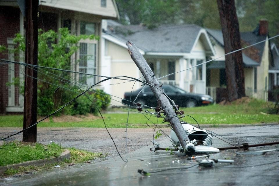 A telephone pole on Winter Street in Jackson, MIss., snapped, crashing a transformer to the ground when severe weather moved through central Mississippi last year. Storms in recent weeks have caused similar issues throughout Central Mississippi.