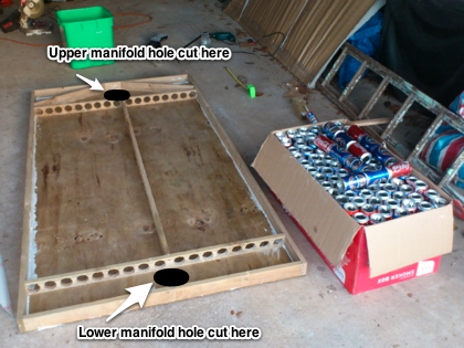 A plywood box, which houses the cans, also has two manifolds at the top and bottom for airflow. Source: Frugal Kiwi