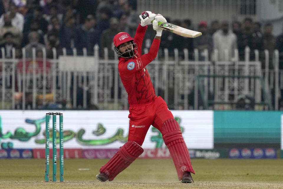 Islamabad United' Shadab Khan plays a shot during the Pakistan Super League T20 cricket match between Islamabad United and Multan Sultans, in Rawalpindi, Pakistan, Sunday, March 10, 2024. (AP Photo/Anjum Naveed)