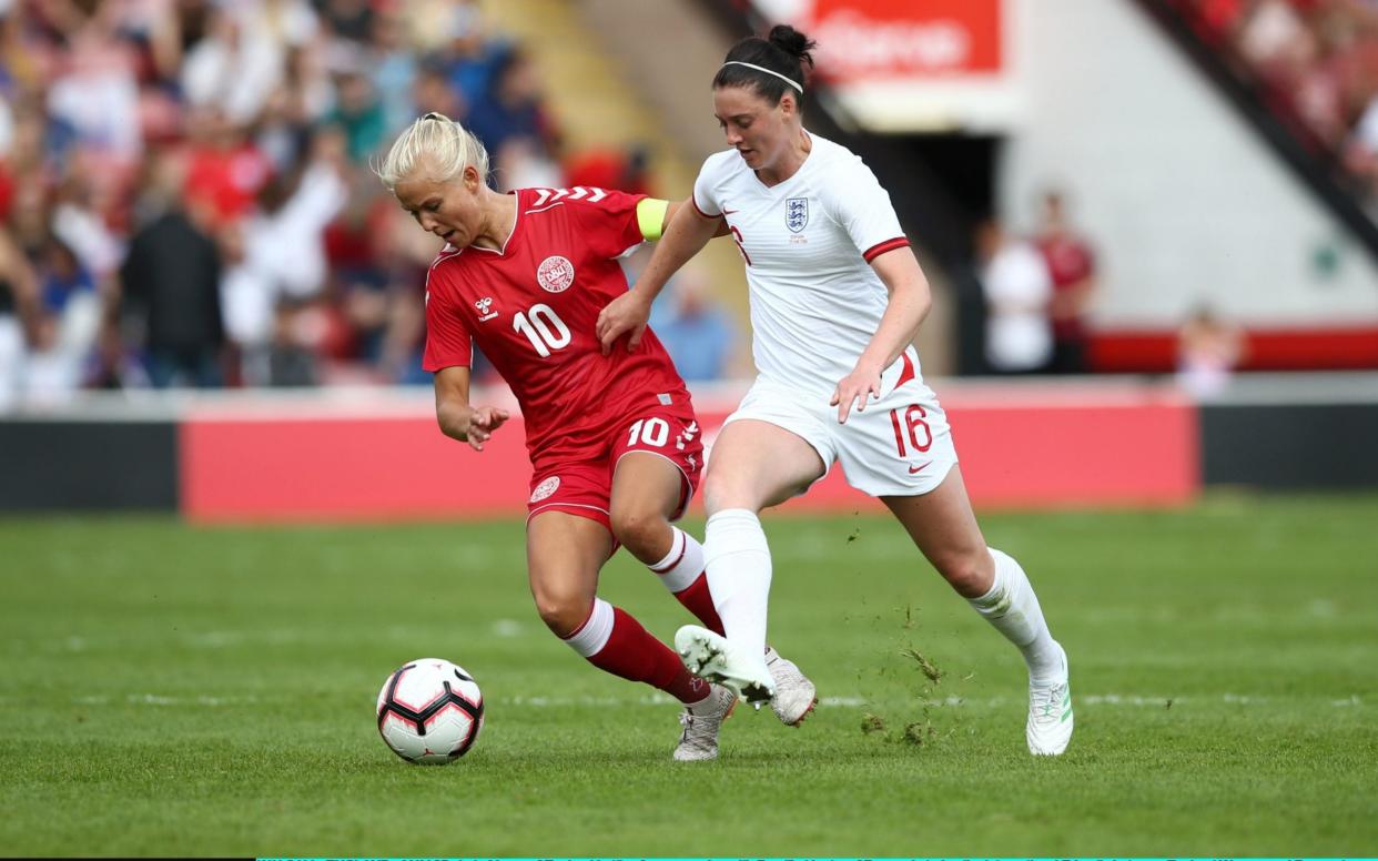 Jade Moore of England battles for possession with Pernille Harder of Denmark during the International Friendly between England Women and Denmark Women at Bank's Stadium on May 25, 2019 in Walsall, England -  Getty Images Sport