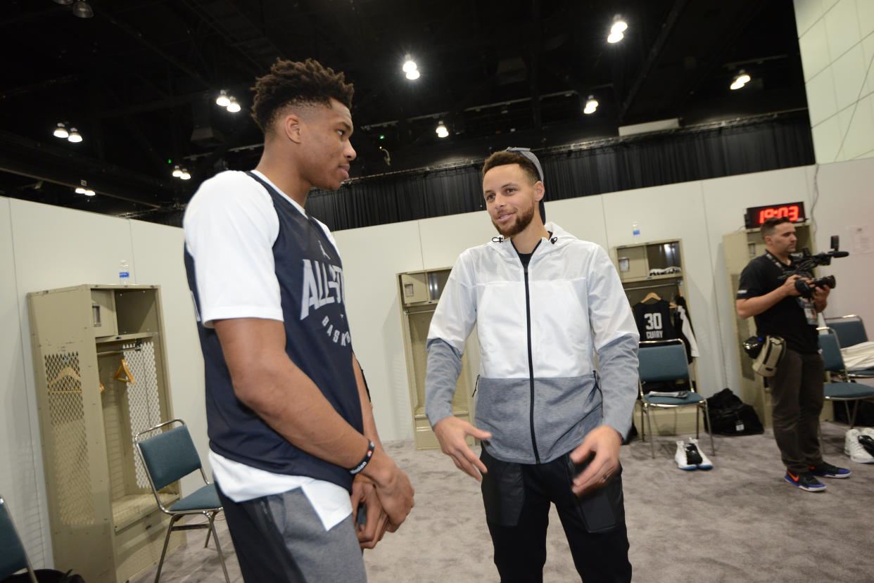 An All-Star friendship might be developing between Giannis Antetokounmpo and Steph Curry. (Photo by Noah Graham/NBAE via Getty Images)