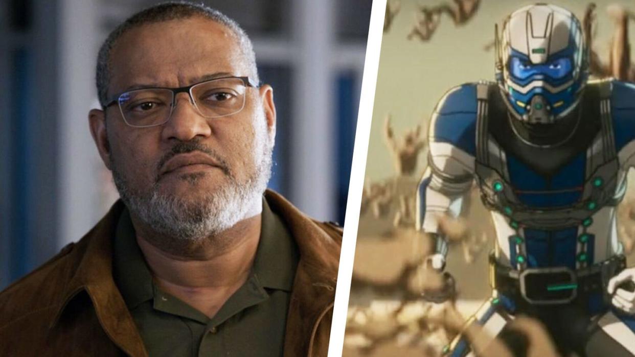 laurence fishburne in live action in one photo and animated in another as bill foster