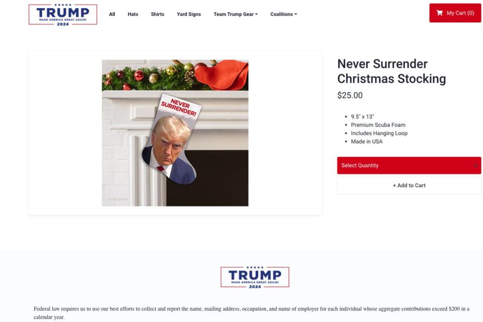 A screenshot of the official Donald Trump merchandising site of a Never Surrender Christmas Stocking with his mug shot on it (Supplied)