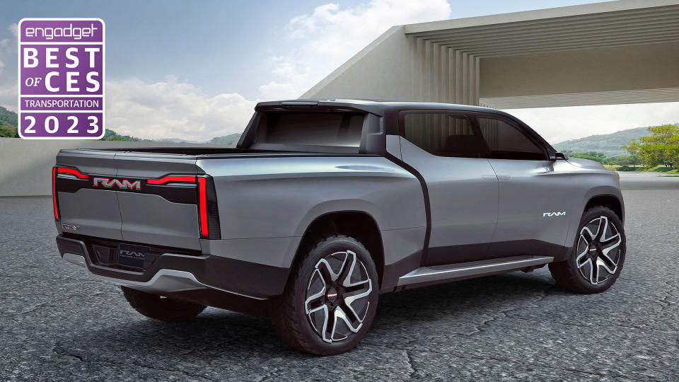 A rendering of a grey Stellantis Ram 1500 BEV Concept is seen parked on a roadway.