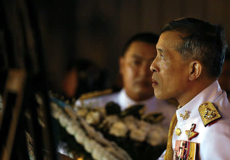 Thailand's Crown Prince Maha Vajiralongkorn attends an event commemorating the death of King Chulalongkorn, known as King Rama V, as he joins people during the mourning of his father, the late King Bhumibol Adulyadej, at the Royal Plaza in Bangkok, Thailand, October 23, 2016. REUTERS/Athit Perawongmetha
