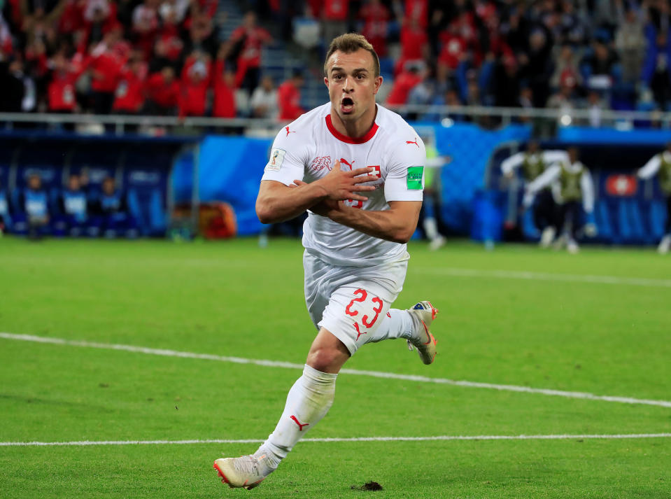 <p>Soccer Football – World Cup – Group E – Serbia vs Switzerland – Kaliningrad Stadium, Kaliningrad, Russia – June 22, 2018 Switzerland’s Xherdan Shaqiri celebrates scoring their second goal REUTERS/Gonzalo Fuentes </p>