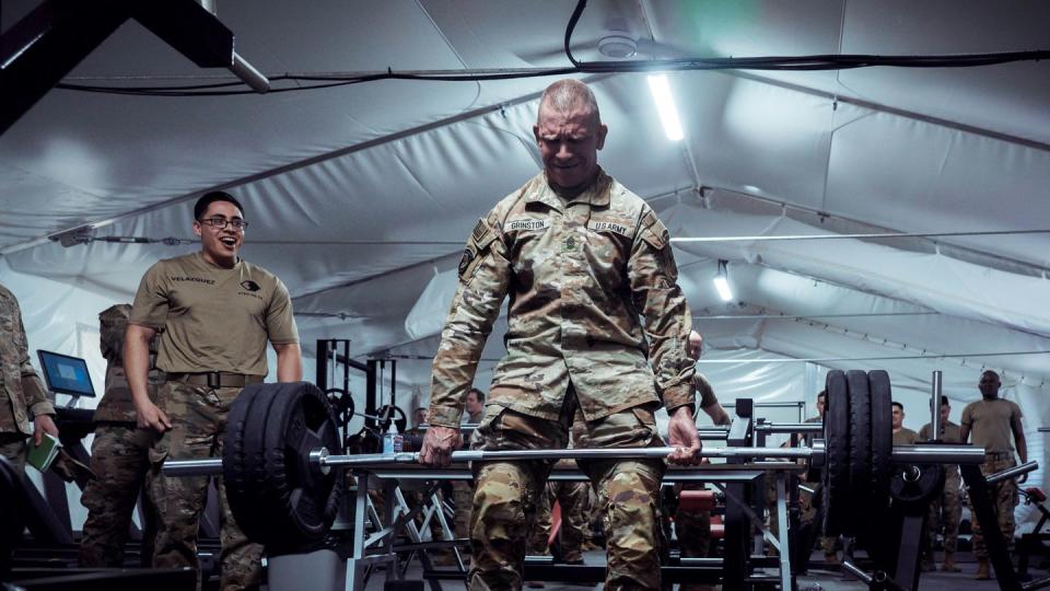 Sgt. Maj. of the Army Michael A. Grinston deadlifts during his visit at Camp Herkus, Lithuania, May 3, 2022. (Army)