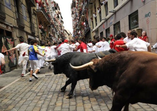 Runners try to avoid El Pilar bulls during the fourth run of the bulls of the San Fermin festival in the northern Spanish city of Pamplona. Five Spaniards aged between 19 and 47 suffered bruises to their shoulders, legs, ankles and head in a dash through the northern city of Pamplona, regional health authorities said