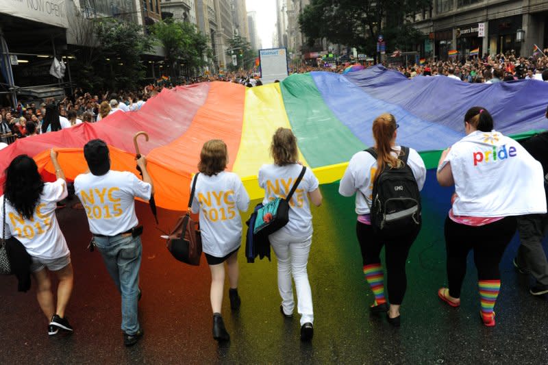Participants march in support of gay rights at the 2015 NYC Gay Pride March in New York City on June 28, 2015. On August 11, 2007, the Evangelical Lutheran Church voted to lift a ban on gay clergy members. File Photo by Dennis Van Tine/UPI