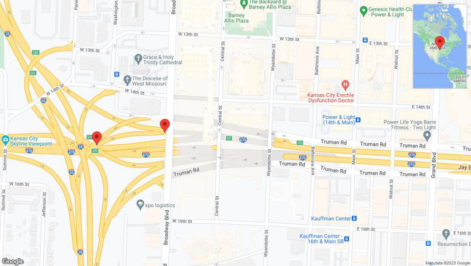 A detailed map that shows the affected road due to 'Broken down vehicle on Broadway Boulevard in Kansas City' on October 16th at 1:02 p.m.