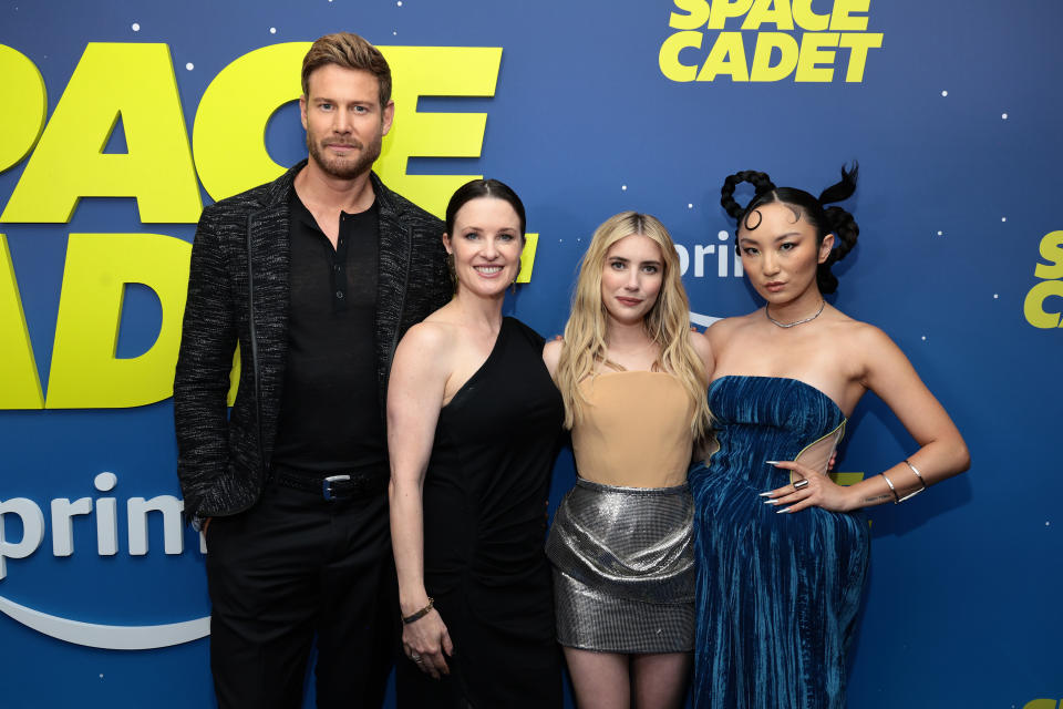 Tom Hopper, Liz W. Garcia, Emma Roberts, and Poppy Liu attend the "Space Cadet" New York Premiere