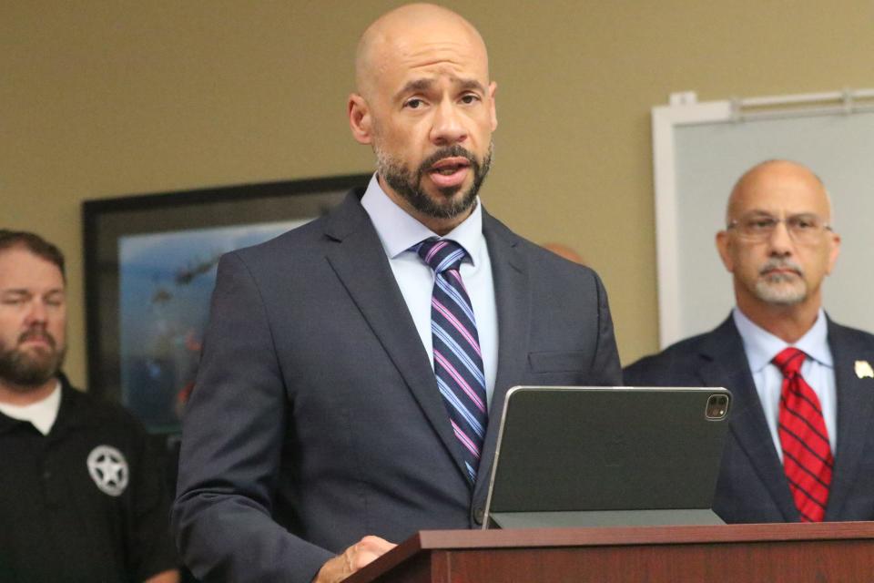 Aaron Jordan, criminal chief at the Las Cruces Branch of the U.S. Attorney's Office discusses a recent drug trafficking operation in Eddy County, Aug. 3, 2023 at the Eddy County Sheriff's Office.