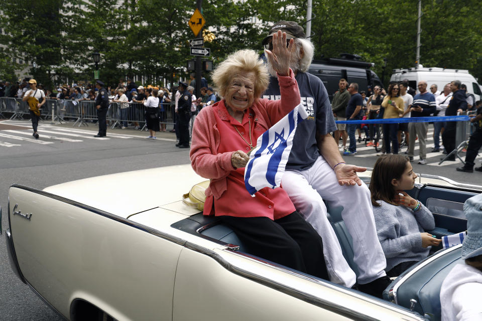 NEW YORK, NEW YORK - JUNE 04: Dr. Ruth Westheimer rides in a car up 5th Avenue in Midtown during the Israel Parade on June 04, 2023 in New York City. / Credit: John Lamparski2023 / Getty Images