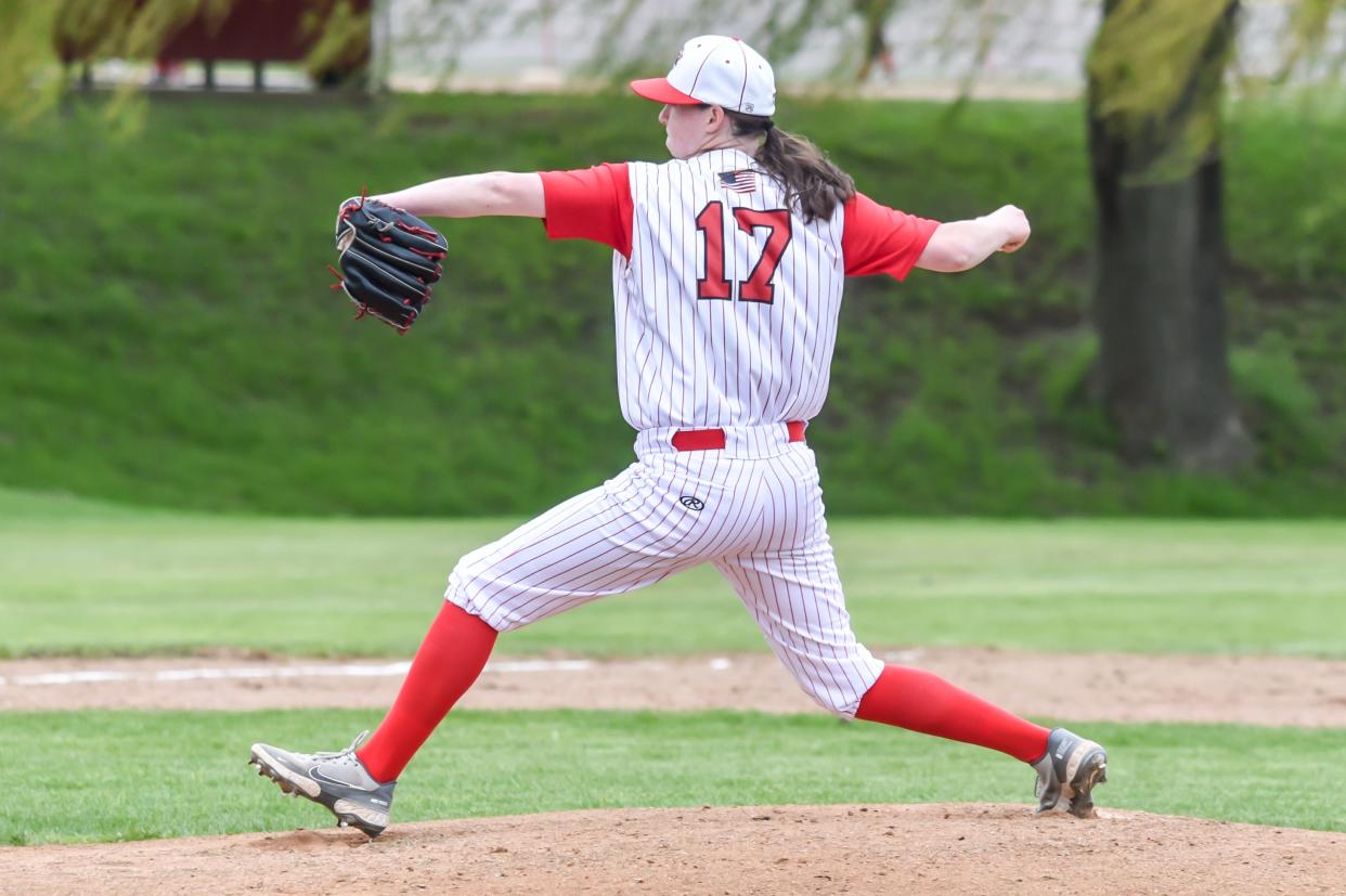 CVU's Elise Berger gets her first varsity start on April 29, 2023 as the Redhawks get a 5-0 win over Rutland.