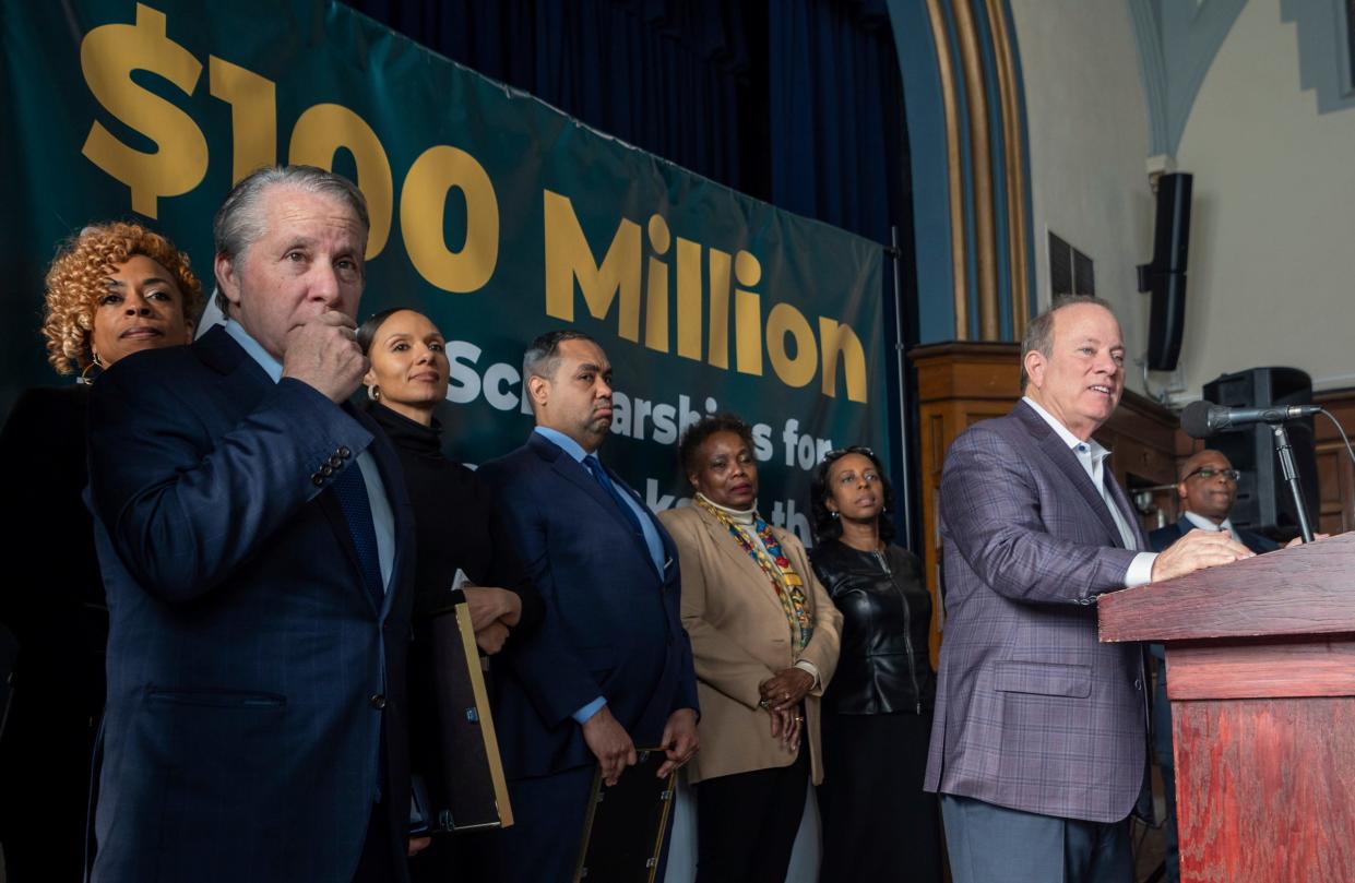 President Biden's senior adviser and American Rescue Plan Act coordinator Gene Sperling, alongside Mayor Mike Duggan, Felicia Maxwell, Mary Sheffield, Coleman A. Young II, Mary Waters, Nicole Sherard-Freeman and Donovan Neal look towards the audience to address the community and media members during a press conference inside the Durfee Innovation Society building in Detroit on Friday, Jan. 27, 2023. 